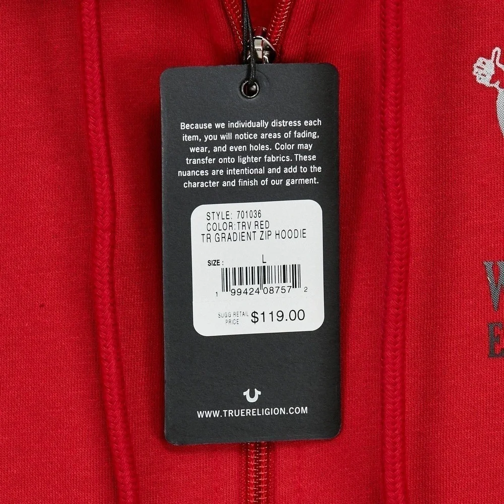 True Religion Mens Red World Tour Established 2002 Graphic Zip Hoodie Size L